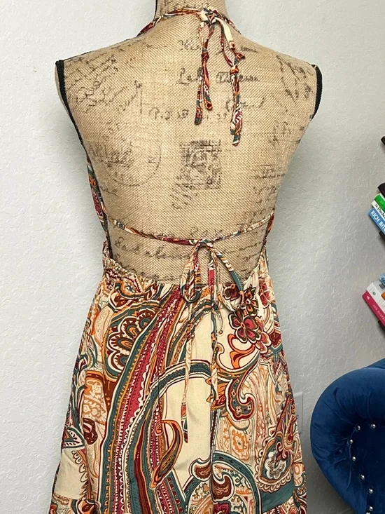 Boho Halter Maxi Dress in Cream & Teal Paisley - Picture 4 of 8